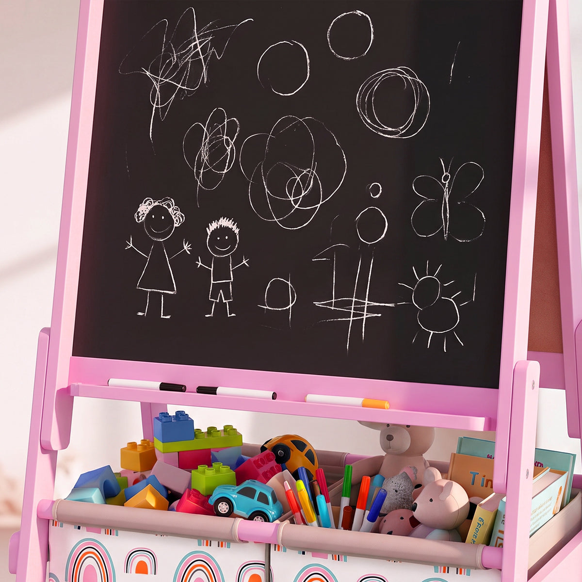 Pink kids art easel with chalkboard surface and rainbow storage bins of supplies