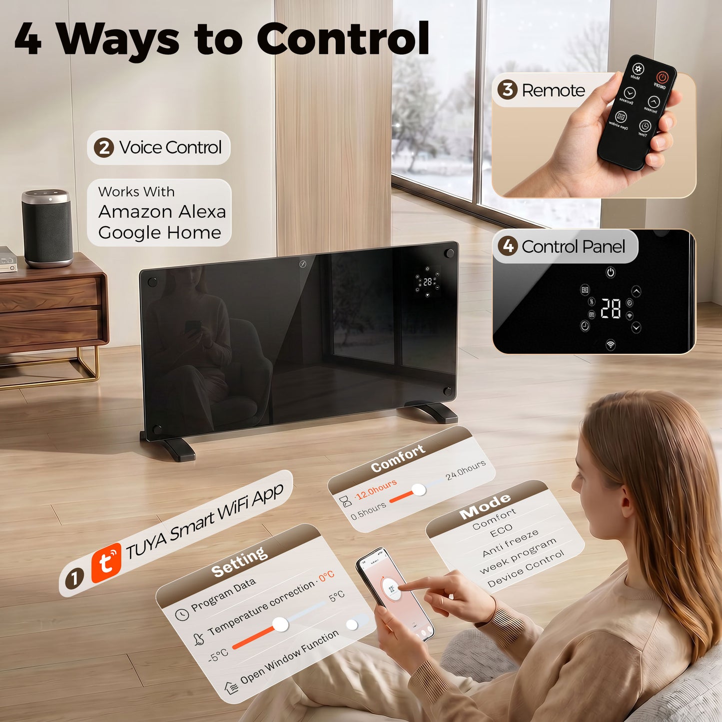 HOMCOM 1500W Smart Control Heater With TUYA App Black 5 To 35C Temperature Range Wall Mount Or Freestanding