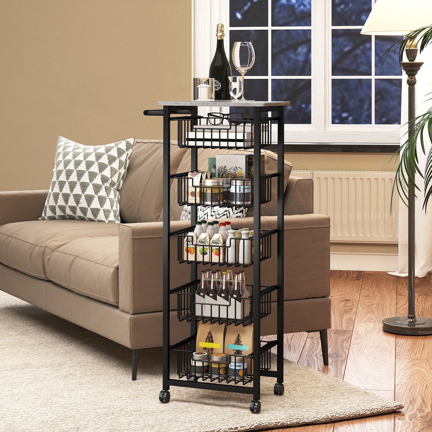 HOMCOM Five Basket Mobile Kitchen Island With Brakes Grey Black Marble Countertop