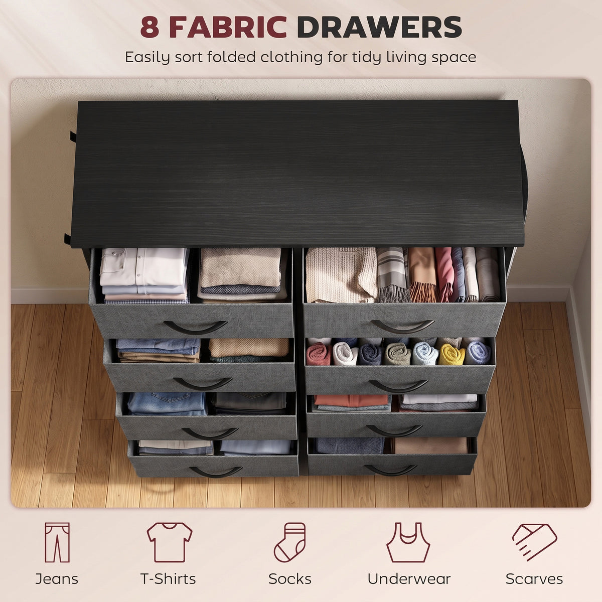 HOMCOM 8 Drawer Fabric Dresser with Side Storage Bag and Hooks Grey