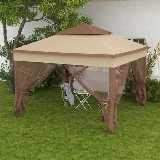 Outsunny 3 x 3m Double-Roof Pop Up Gazebo with Netting and Carry Bag - Khaki | Party Event Shelter for Outdoor Patio, Portable Garden Tent