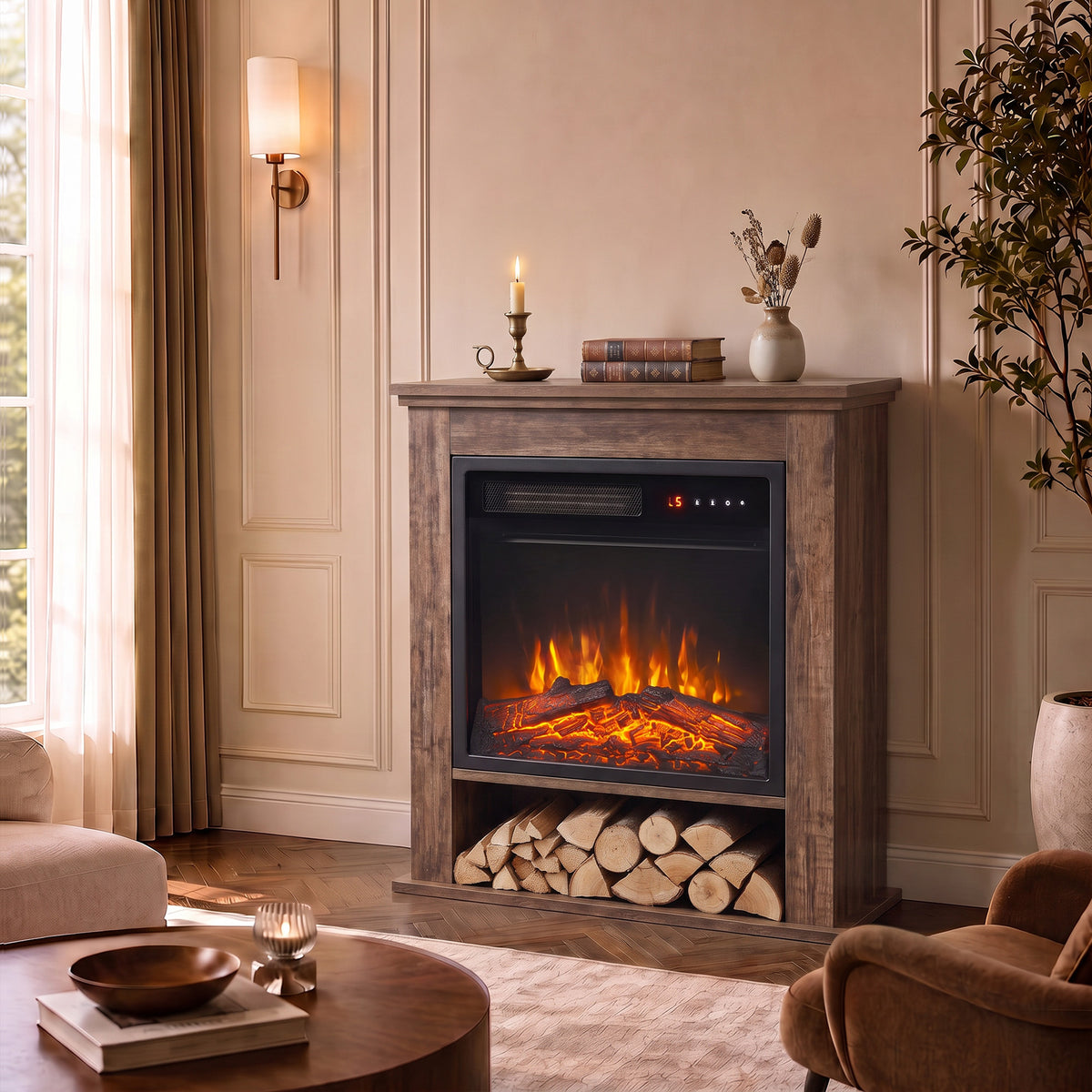 Oak electric fireplace suite with LED flame viewing window and stacked log storage
