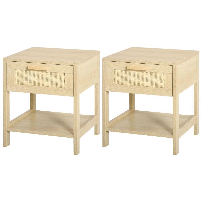HOMCOM Set of 2 Bedside Tables - Nightstands with Rattan Drawer and Storage Open Shelf - Farmhouse Side Tables for Bedroom, Living Room - ALL4U RETAILER LTD