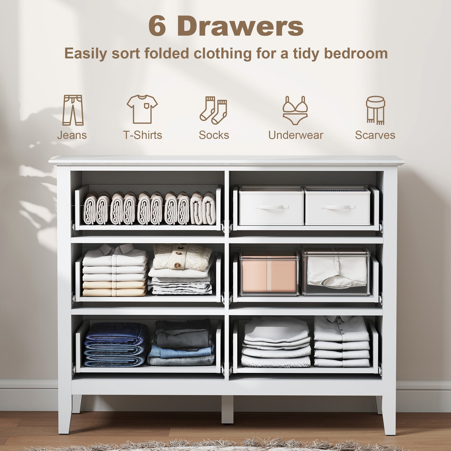 HOMCOM Fluted Dresser 6 Drawer Chest of Drawers for Bedroom Living Room Hallway Closet White