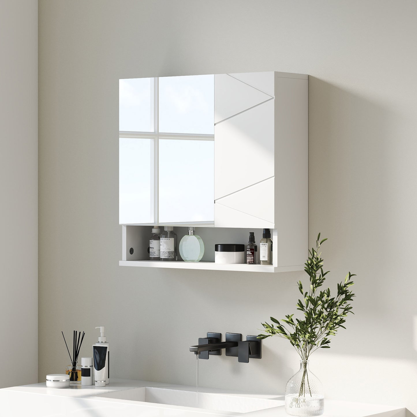 Kleankin White Wall Mounted Bathroom Storage Cupboard With Mirrored Door And Embossed Door Details