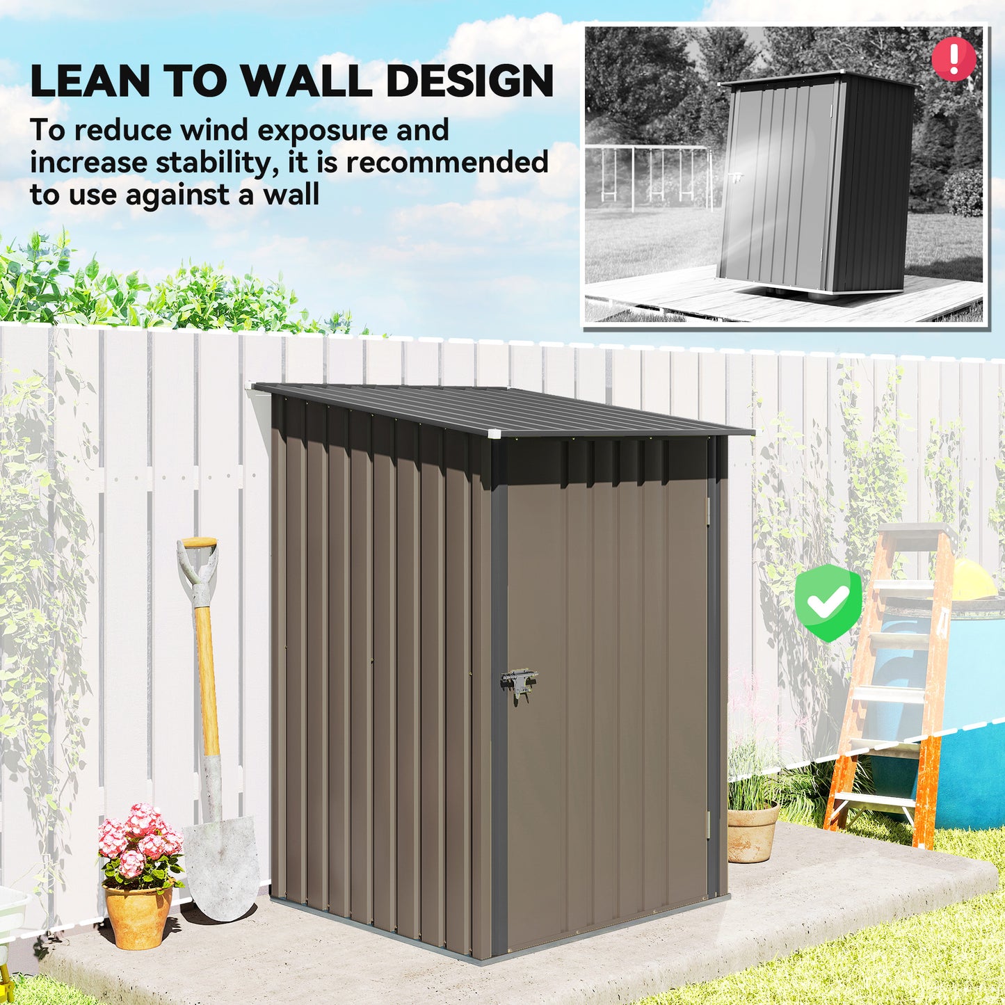 Outsunny 3.3 x 3.4 Ft Lean To Steel Garden Shed With Locking Door Brown Grey Galvanised Steel Construction