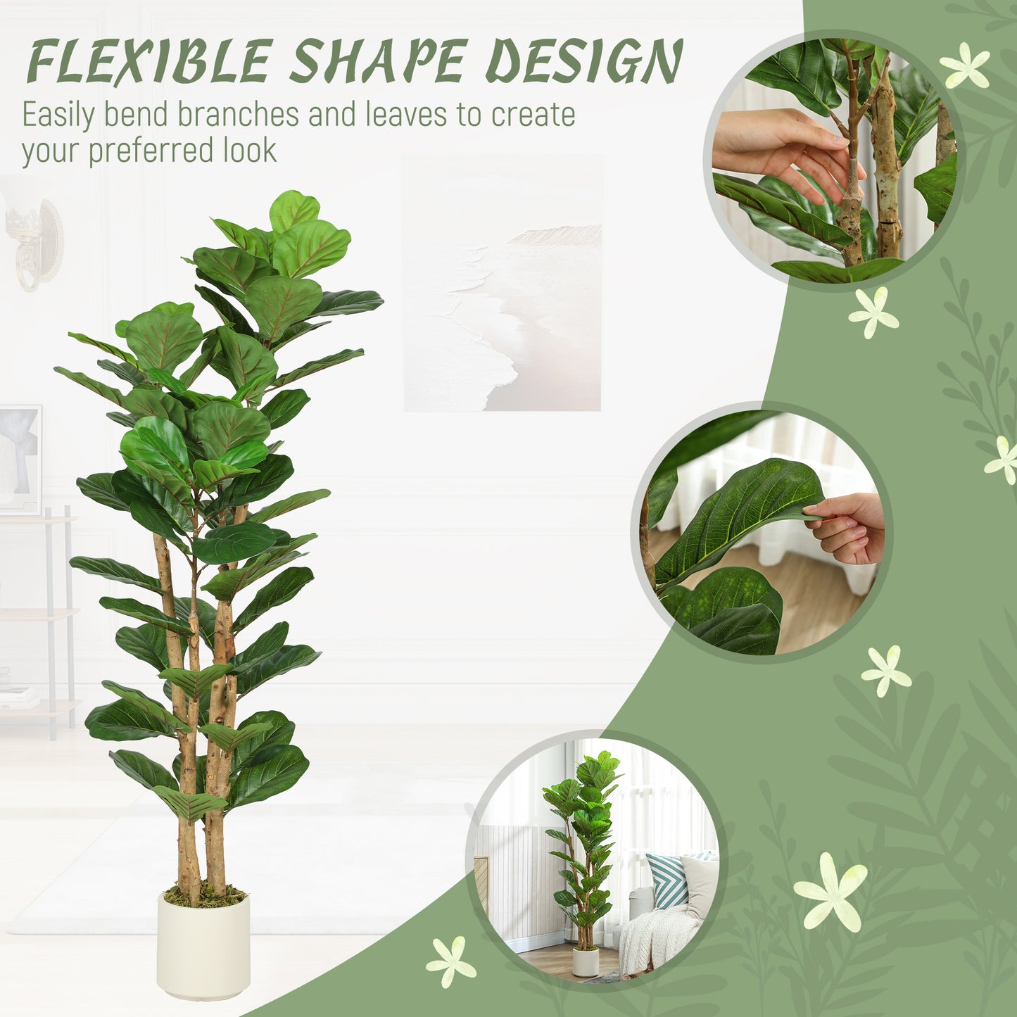 Homcom 150cm Artificial Fiddle Leaf Fig Tree Lifelike Green Leaves With Natural Wood Stem Maintenance Free Indoor Plant
