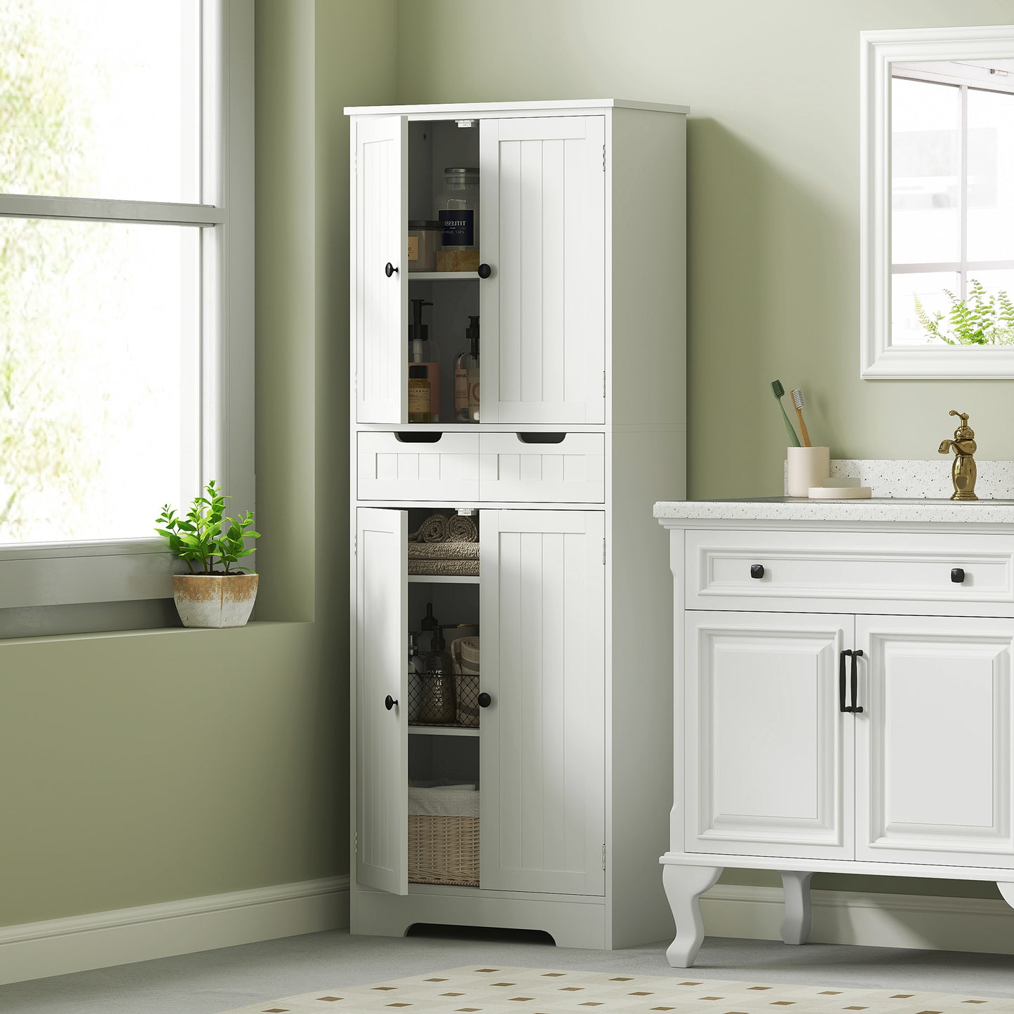 HOMCOM Tall White Bathroom Storage Cabinet With Drawer And Double Cupboards For Bathroom Or Kitchen Pantry And Sideboard