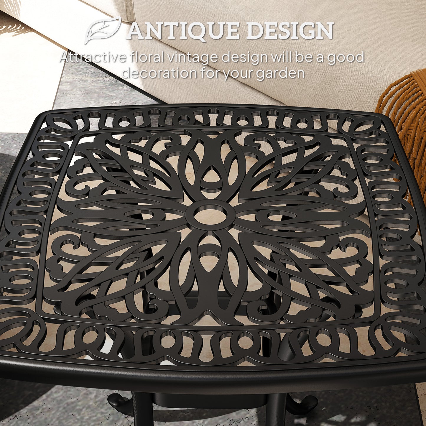 Outsunny Outdoor Cast Aluminium Square End Table With Umbrella Hole And Anti Slip Foot Pads 54x54 cm Black
