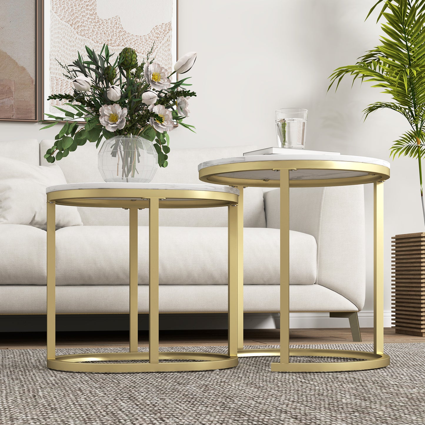 HOMCOM Nest Of Tables With Steel Frame And Faux Marble Tabletops, Modern Coffee Table Set Of 2, Gold Tone And White