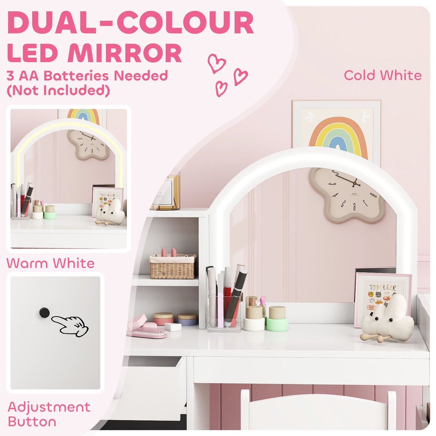 AIYAPLAY Girls Dressing Table And Chair Set With 2 Colour LED Mirror Stool Cabinet Drawers And Shelves White
