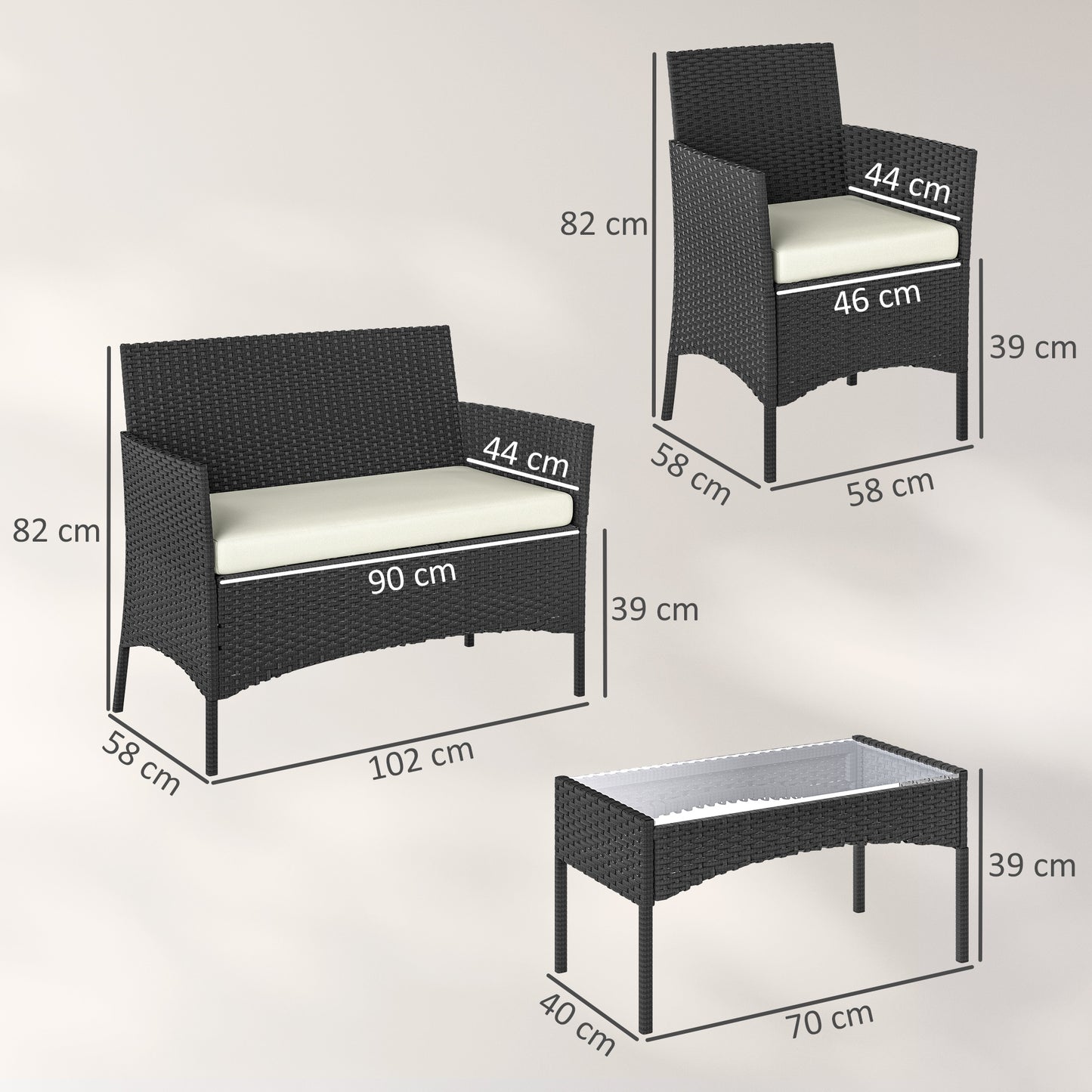 Outsunny 4 Piece Rattan Garden Furniture Set With Loveseat Armchairs Glass Top Coffee Table Cushions Cream White