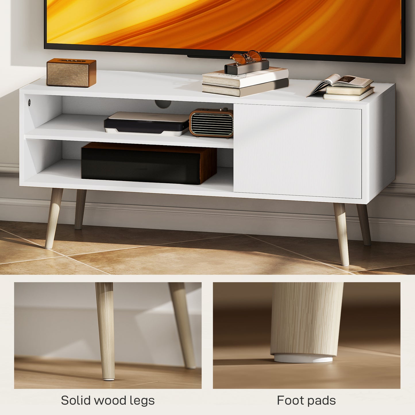 HOMCOM TV Stand Up To 55 Inches White Media Console With Open Shelves And Cable Holes