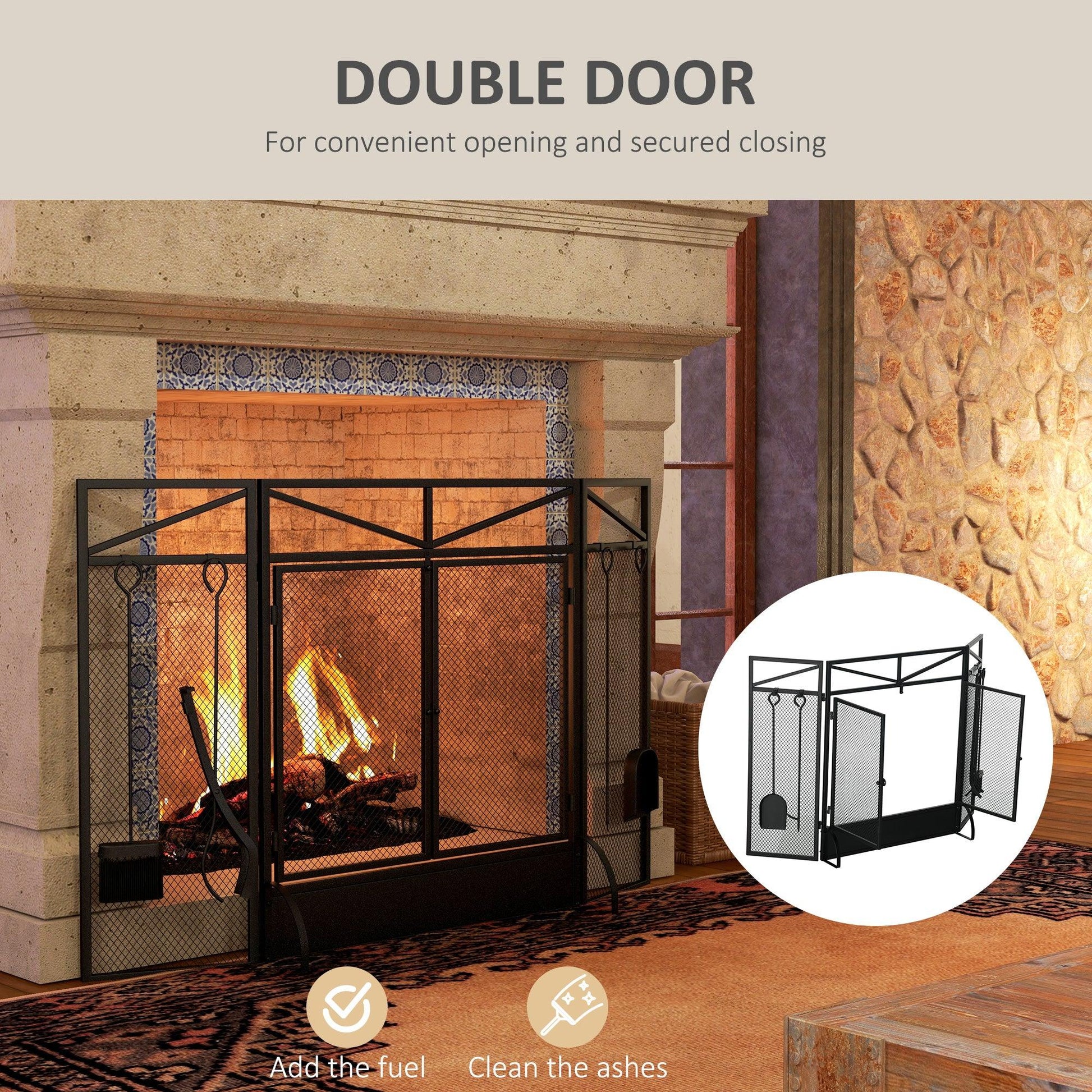 HOMCOM 3 Panel Folding Fire Guard with Tool Doors Fire Screen Spark Guard - ALL4U RETAILER LTD