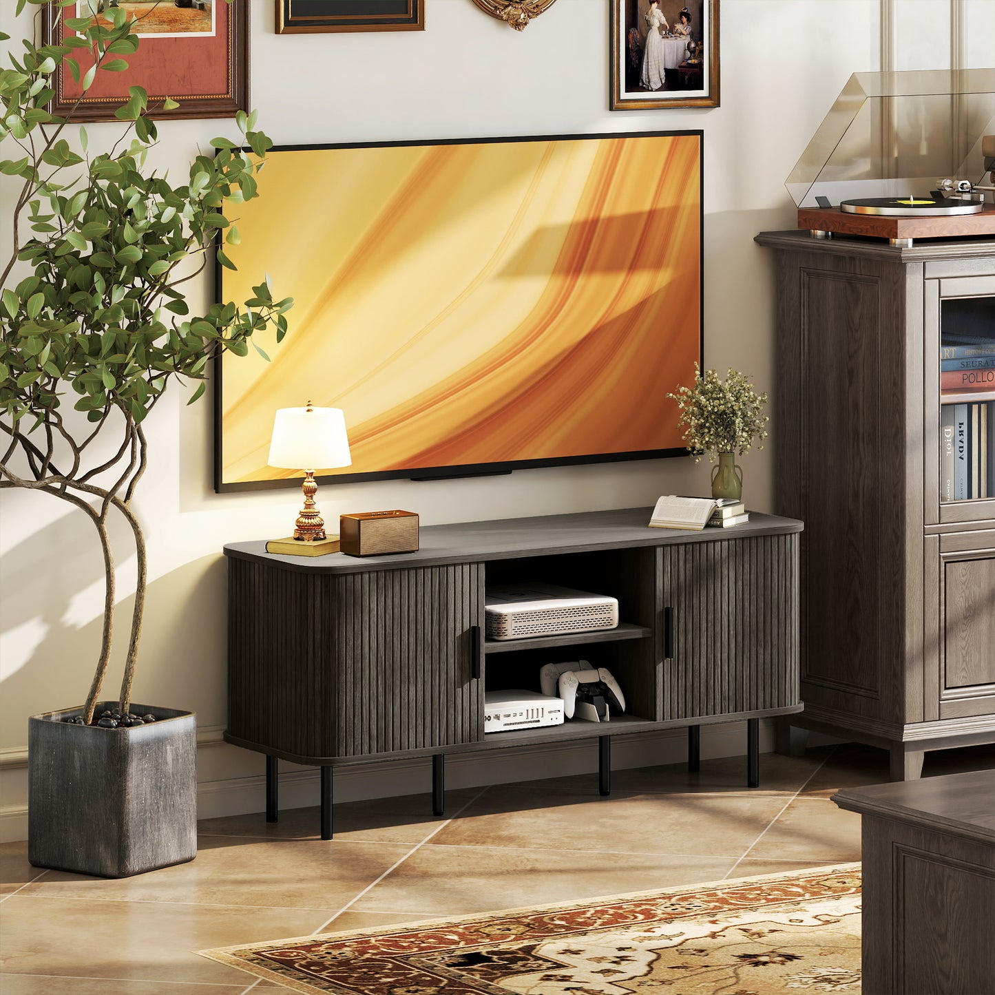 HOMCOM TV Stand Cabinet For 55 Inch TVs With Open Shelves And Two Tambour Door Cupboards Grey