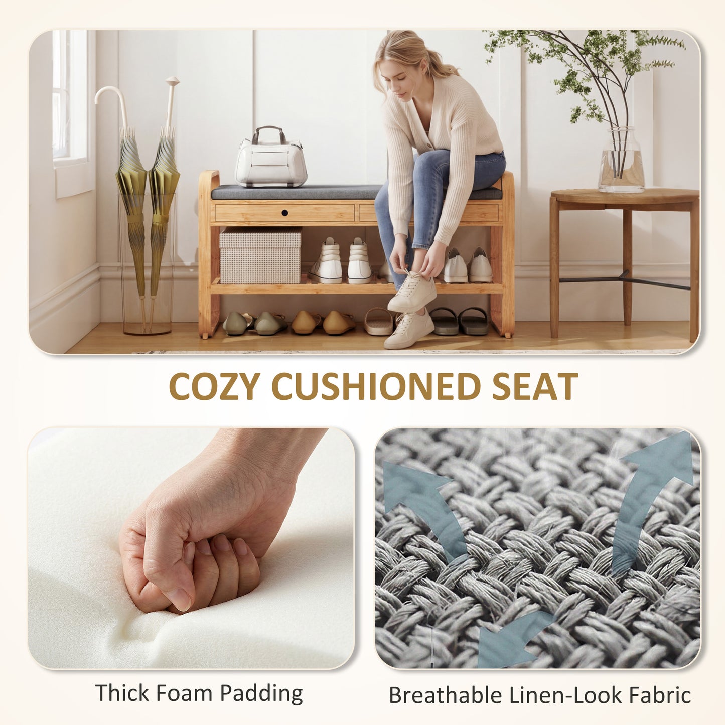 HOMCOM Shoe Bench With Cushioned Seat And Two Drawers 105 Cm Natural And Grey Hallway Storage