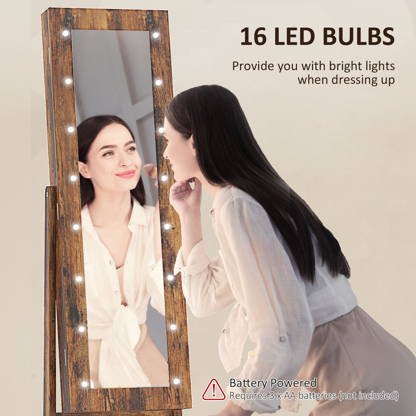 HOMCOM Freestanding Mirrored Jewellery Storage Cabinet Wood Effect With Longline Mirror And 16 LED Lights