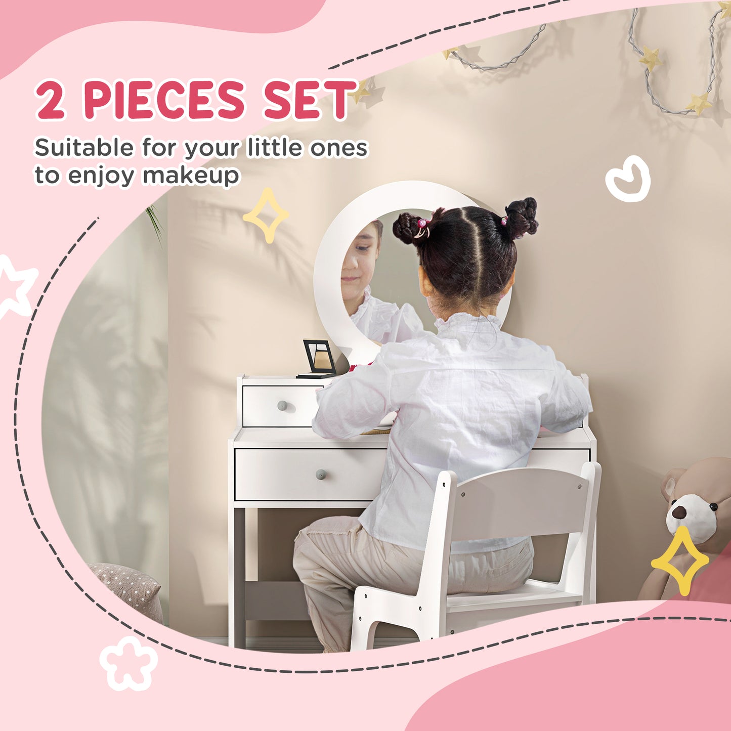 Aiyaplay Kids Dressing Table Set With Stool And Mirror Vanity Table With Storage Drawers Ideal Gift For Ages 3 To 8