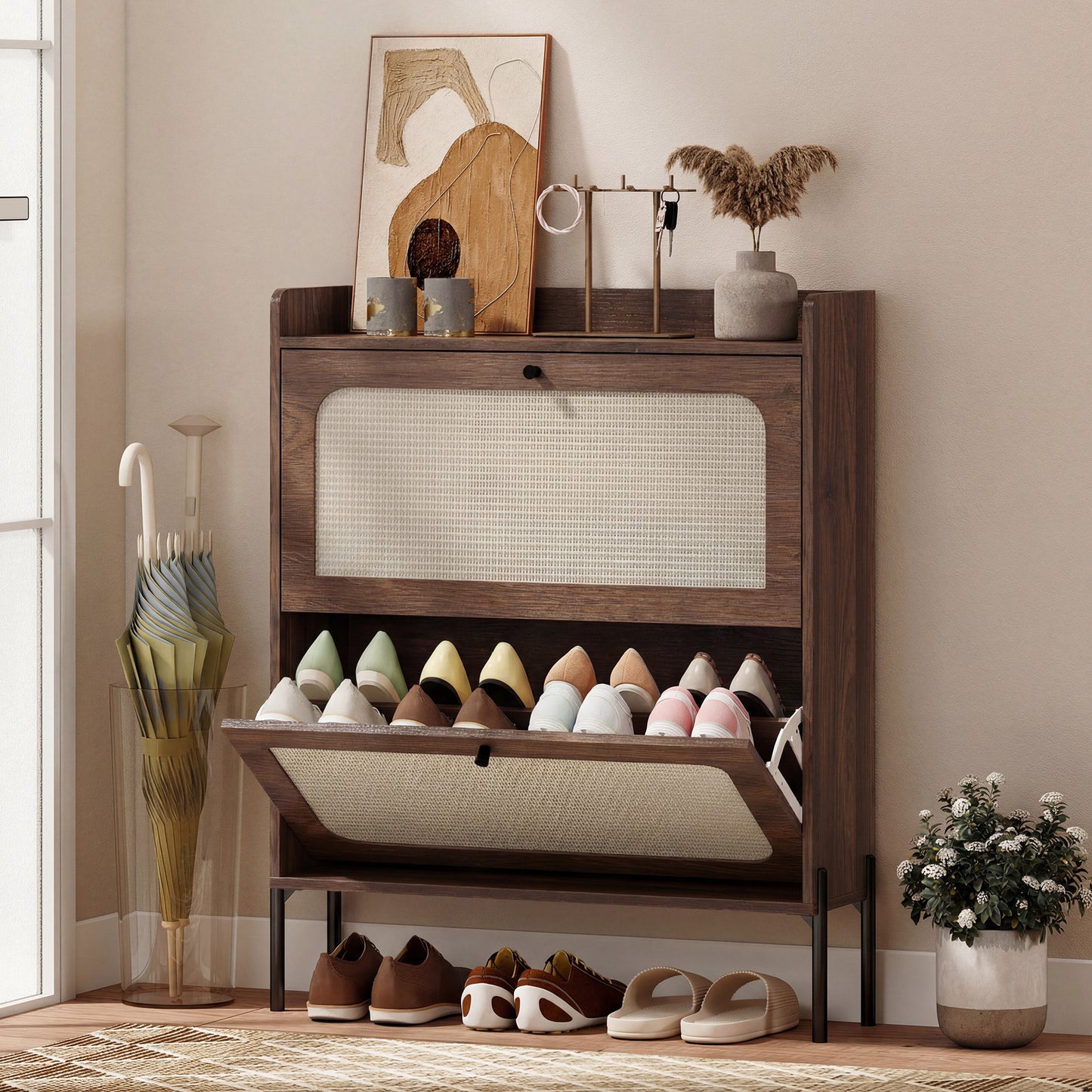 HOMCOM Narrow Shoe Cabinet With 2 Flip Drawers Boho Style Dark Brown Hallway Storage Adjustable Shelves