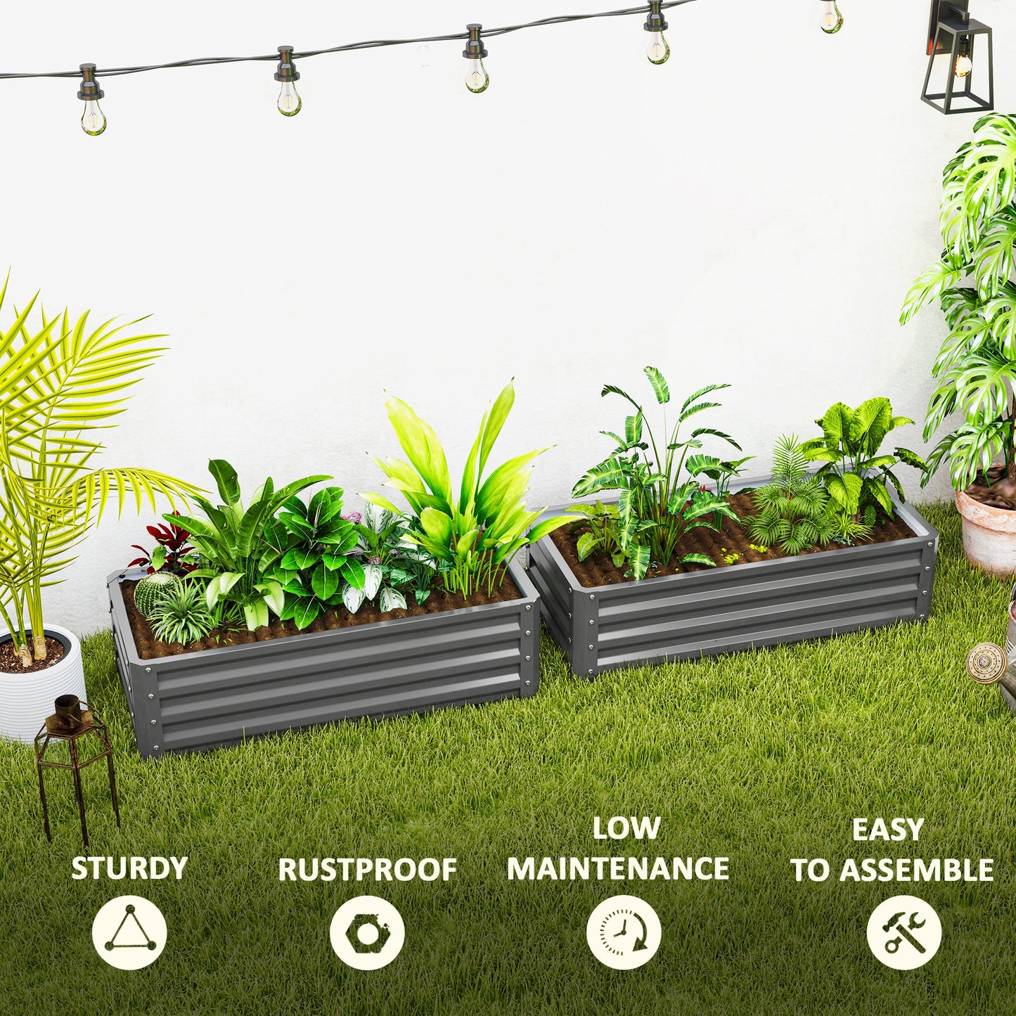 Outsunny Set of Two 110 x 50 Cm Steel Planter Boxes Light Grey for Outdoor Gardens