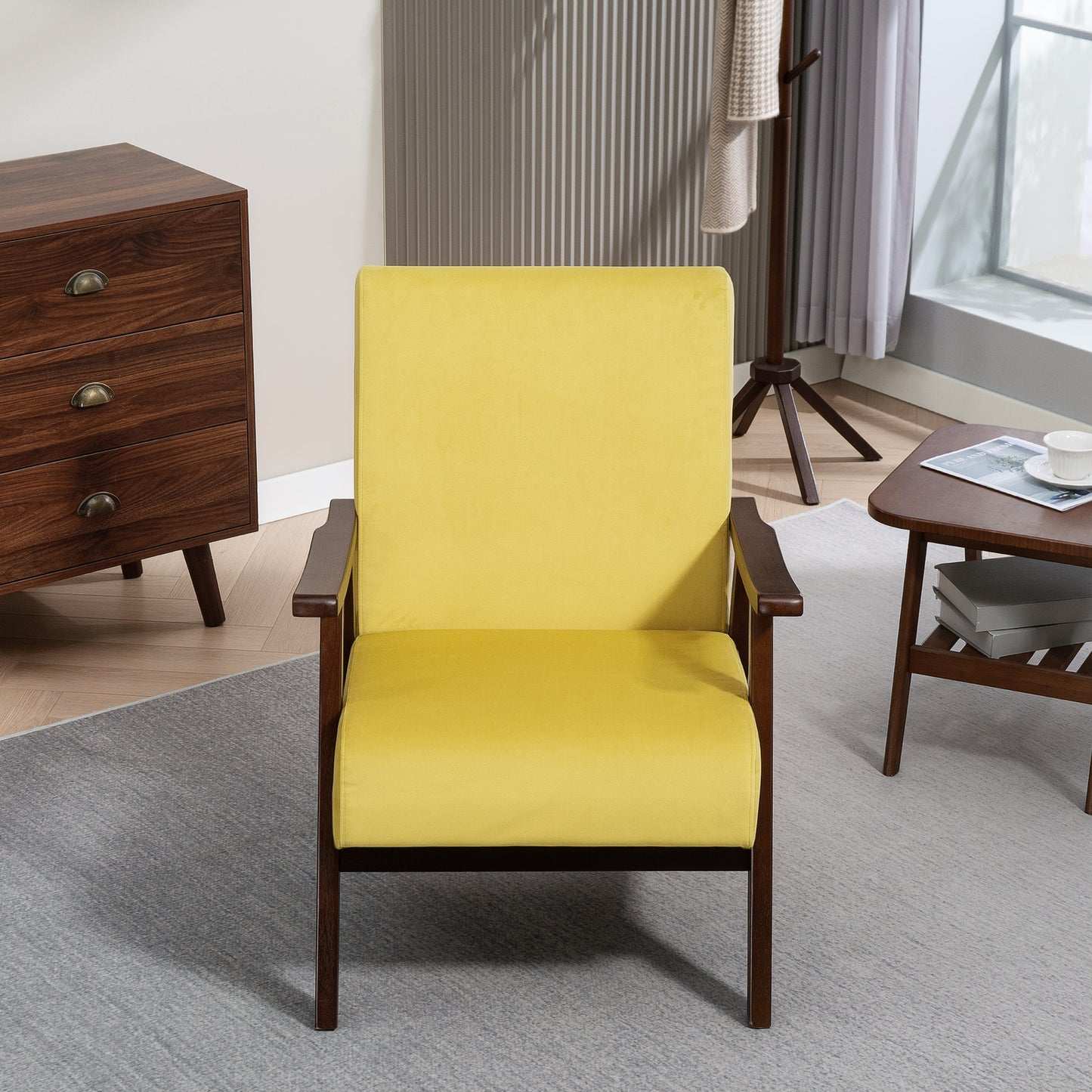 HOMCOM Nordic Velvet Armchair With Solid Wood Frame And Soft Thick Padding In Champagne For Living Room And Bedroom