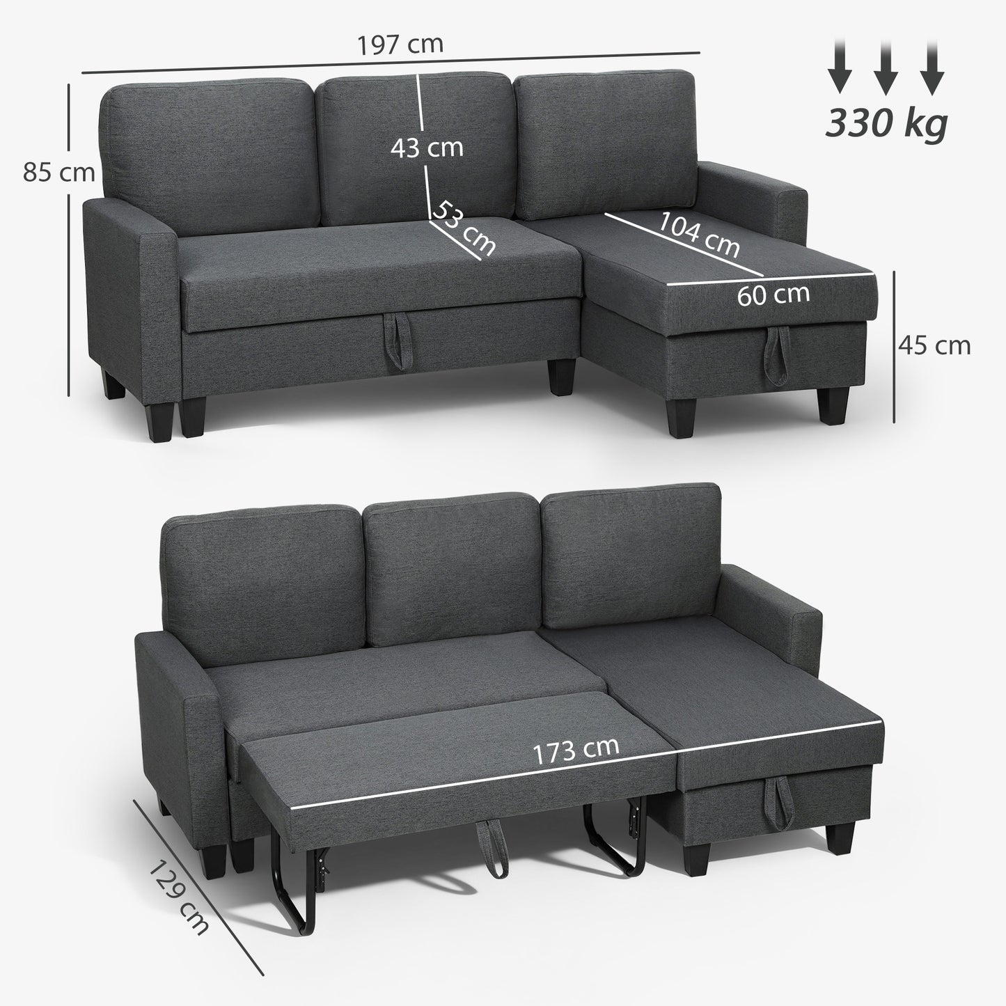 HOMCOM Three Seater Storage Sofa Bed With Hidden Chaise Storage And High Density Cushions Charcoal Grey