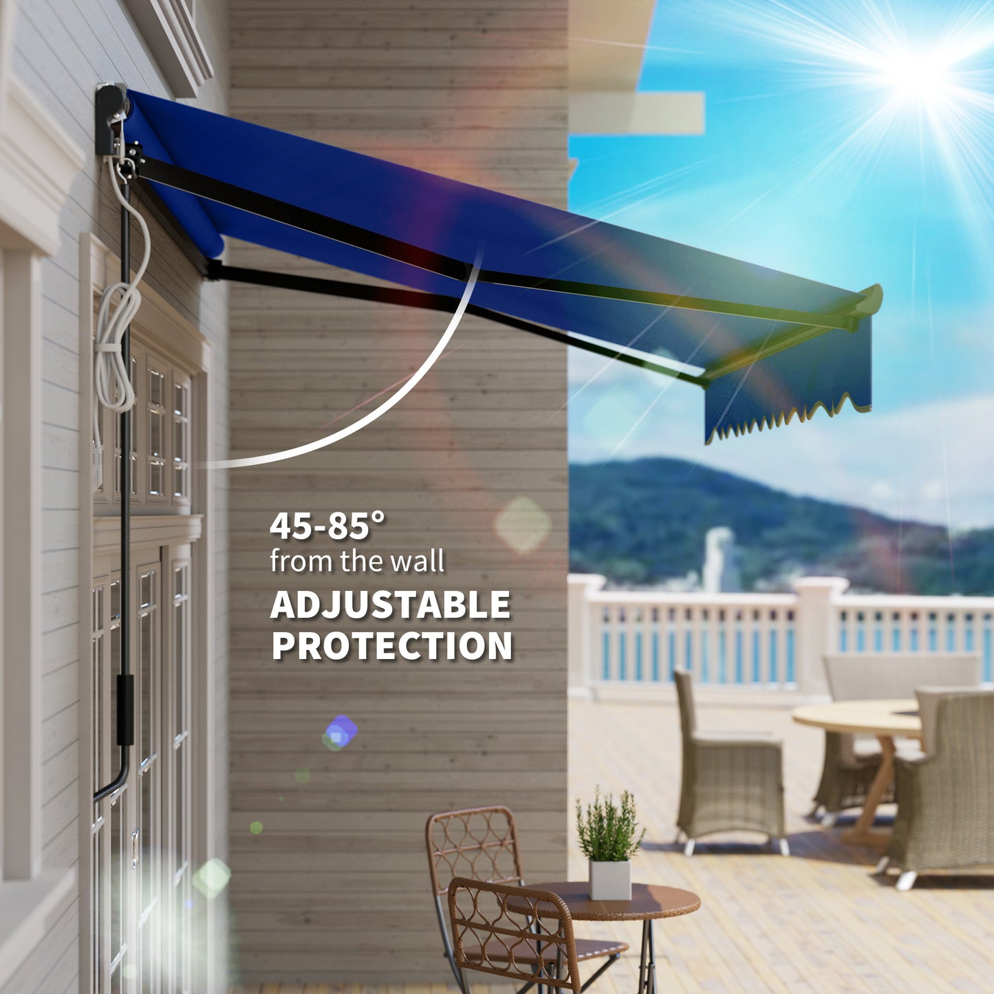 Outsunny 2.5m By 2m Electric Retractable Awning With LED Lights Remote Control Aluminium Frame UV50 Sun Shade Blue