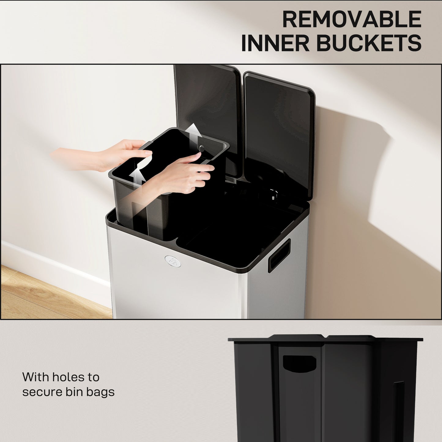 HOMCOM 56L Dual Compartment Stainless Steel Bin With Deodoriser Holders Silver Tone