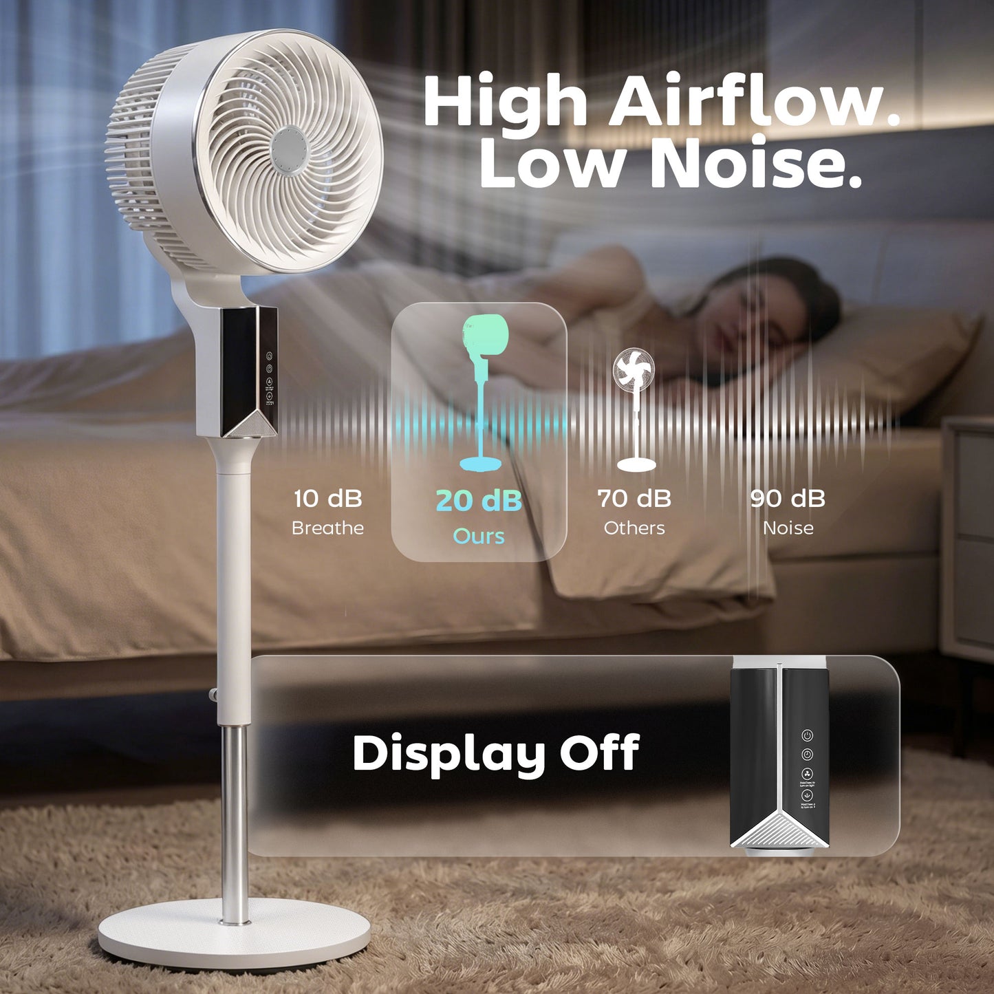 HOMCOM 20 Decibel Silent Pedestal Fan With Remote 46 Inch 85 Degree Oscillation 8 Speeds Aromatherapy Pad White
