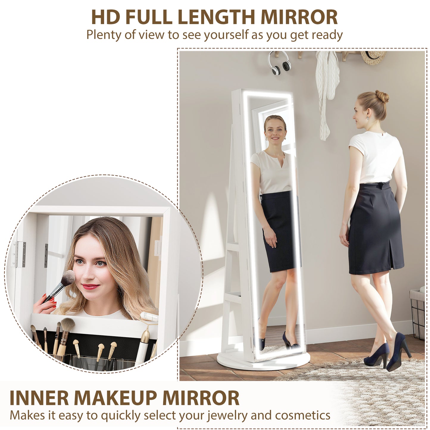 HOMCOM Jewellery Cabinet With Mirror And Lights White Finish 78 Ring Slots 108 Earring Slots 36 Necklace Hooks