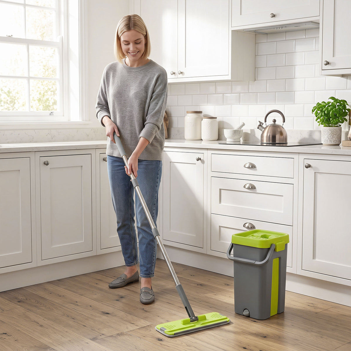 Flat mop and bucket set with wringer, mopping a kitchen floor beside a green bucket