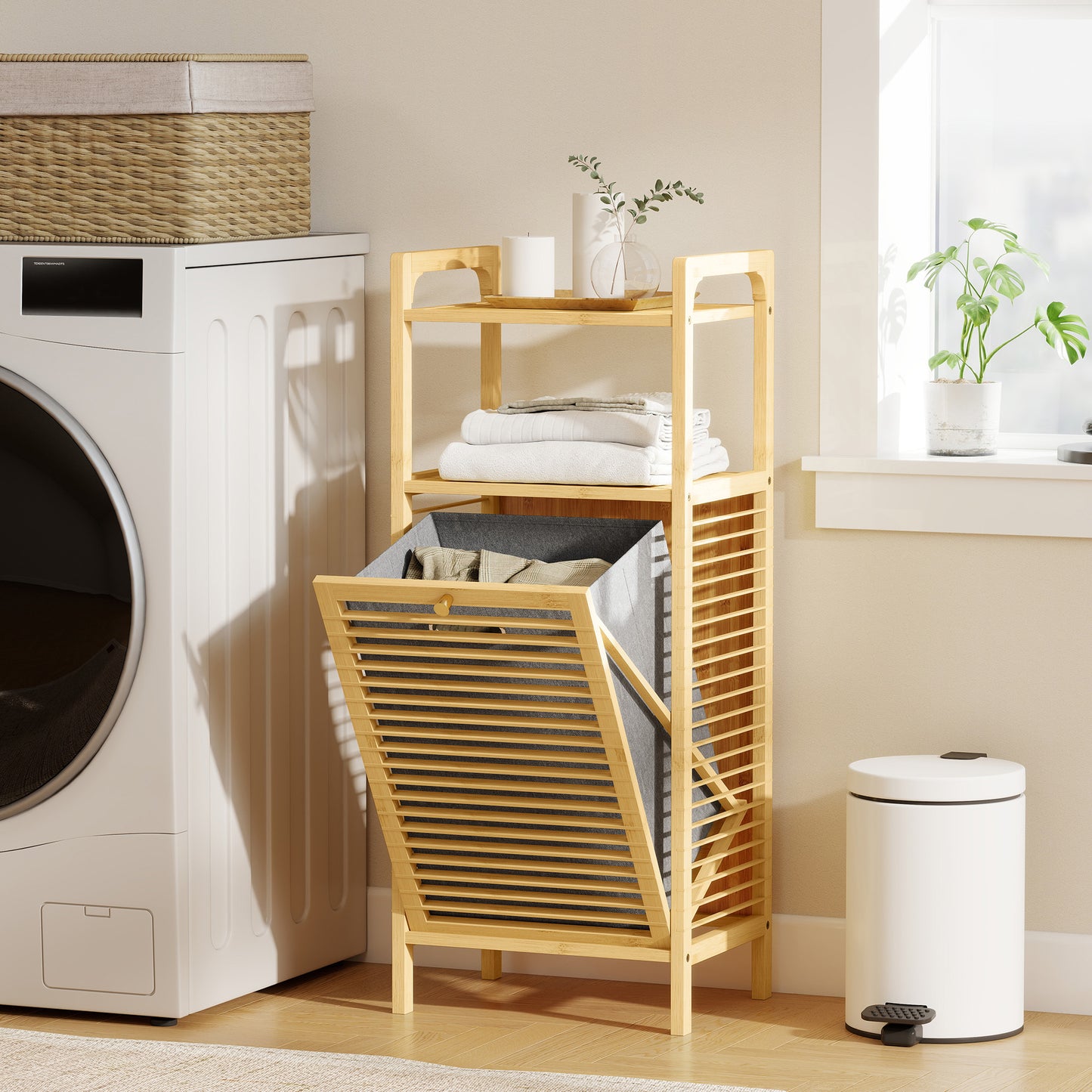 HOMCOM Bamboo Laundry Cabinet With Slatted Door And Tilt Out Hamper Removable Liner Bag Natural Wood Finish 40x30Dx95cm
