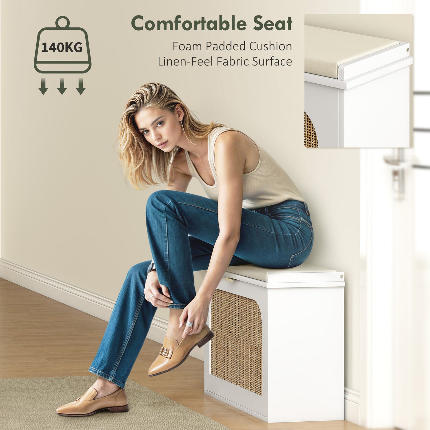HOMCOM Boho Style Shoe Bench With Padded Seat And Flip Drawer White For Entryway Organization