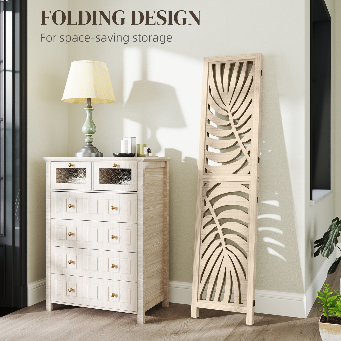 HOMCOM 3 Panel Room Divider With Palm Leaf Design Detachable Folding Privacy Screen Wood Finish For Home Office