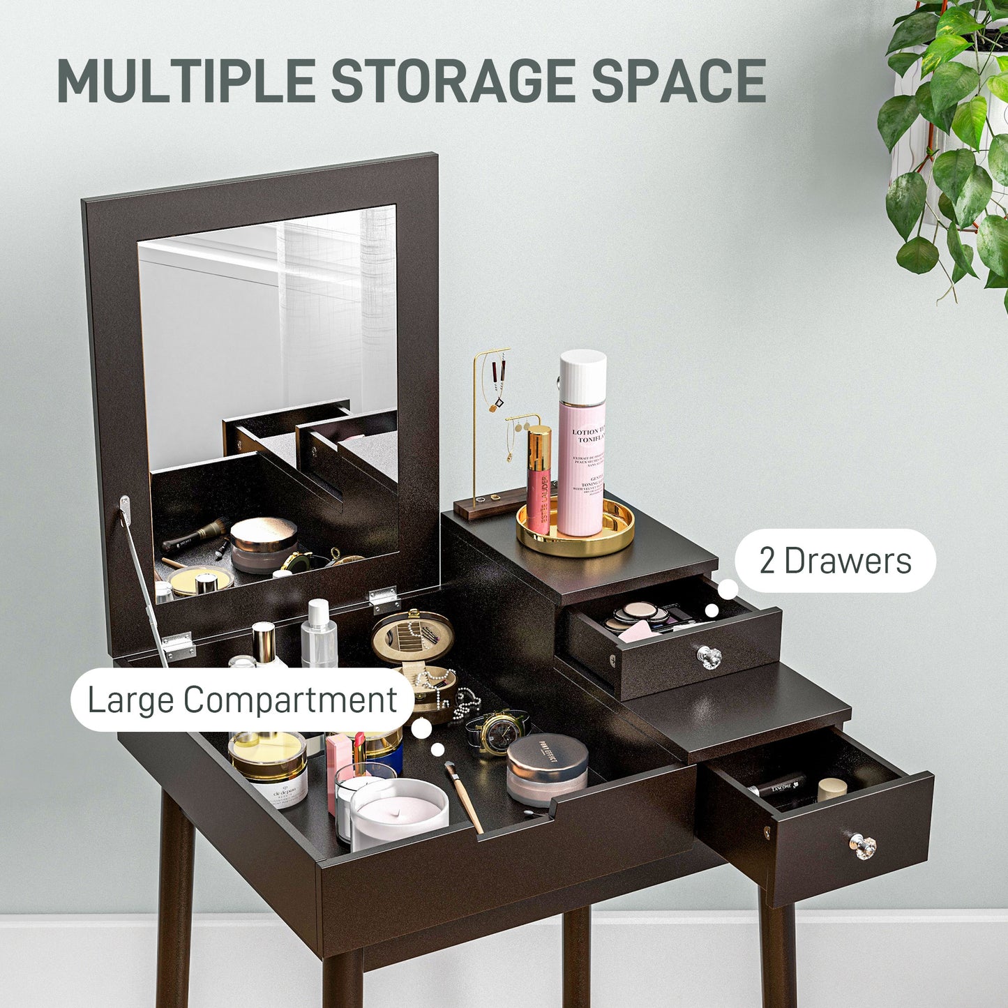 HOMCOM Dressing Table With Flip Up Mirror Two Drawers Pine Wood Legs Vanity Desk For Bedroom And Living Room Black