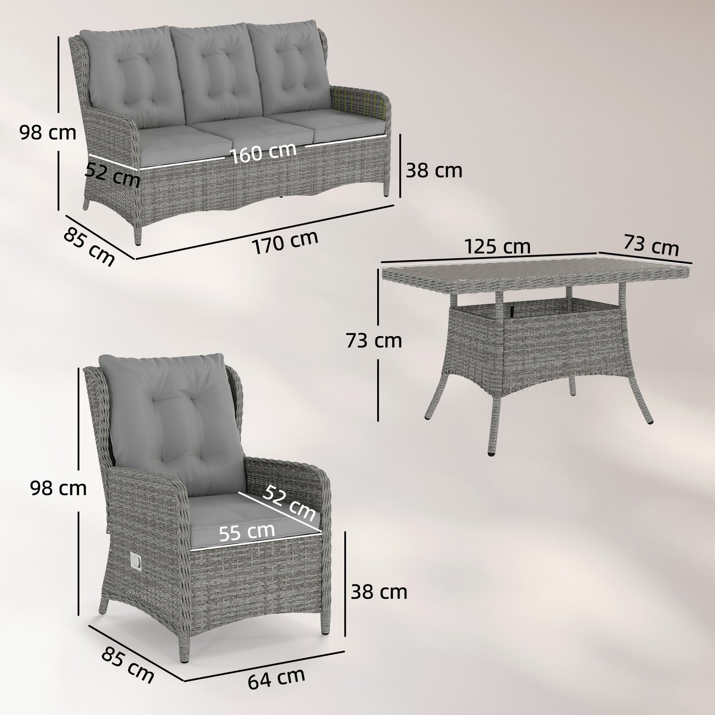 Outsunny 5 Seater Rattan Garden Furniture Set With Sofa And Reclining Chairs Table Grey Patio