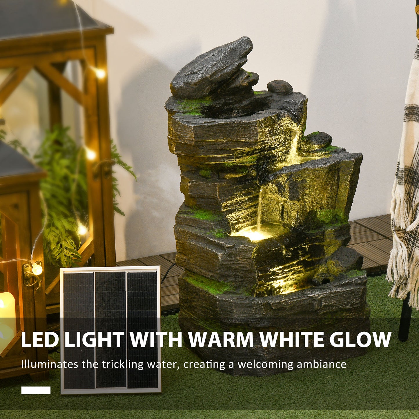 Outsunny Garden Water Feature With LED Lights Solar Powered Four Tier Waterfall Dark Grey Stone Moss Accent
