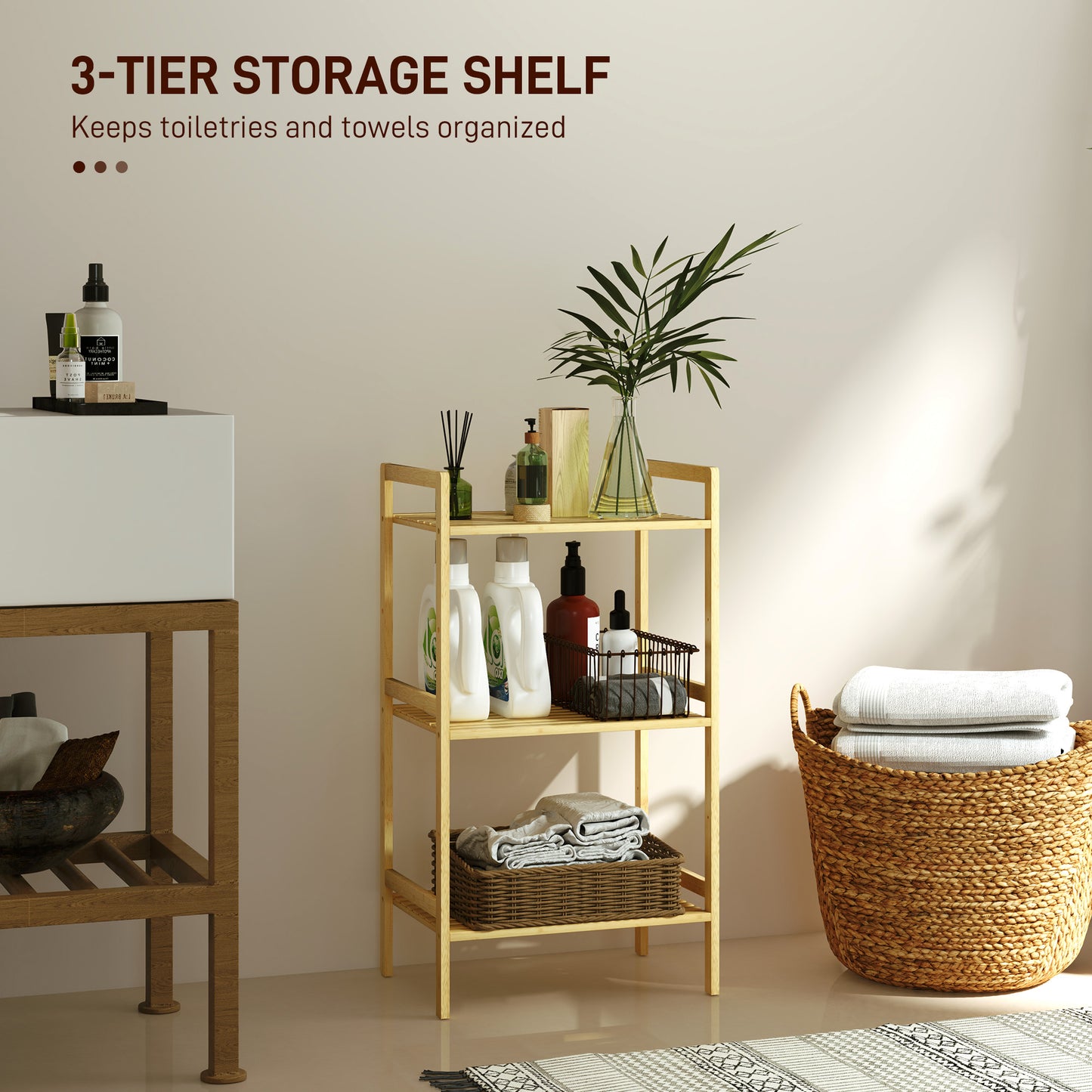 Homcom Three Tier Bamboo Adjustable Shelf Storage Unit Bathroom Moisture Resistant Organizer
