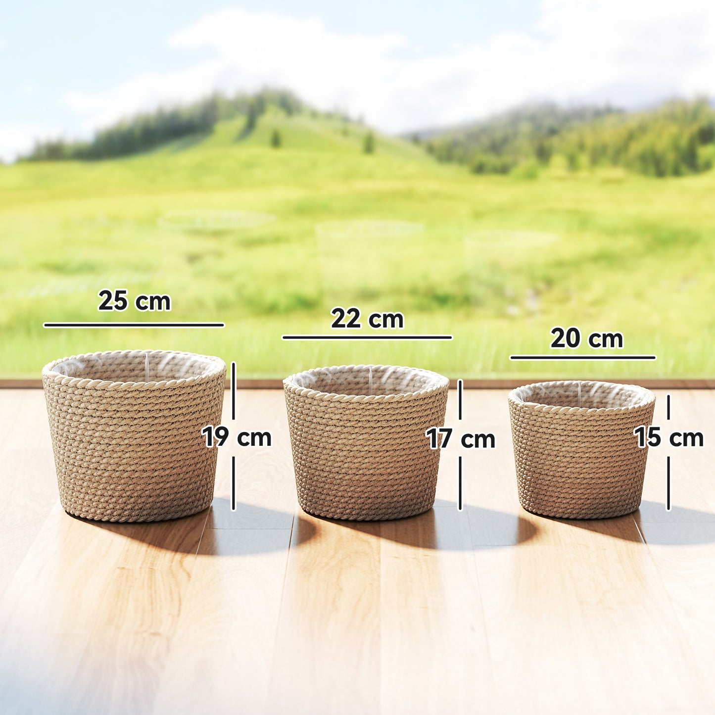 Outsunny Seagrass Planters Set Of 3 Indoor Outdoor Plant Pots For Patio Balcony Natural Finish