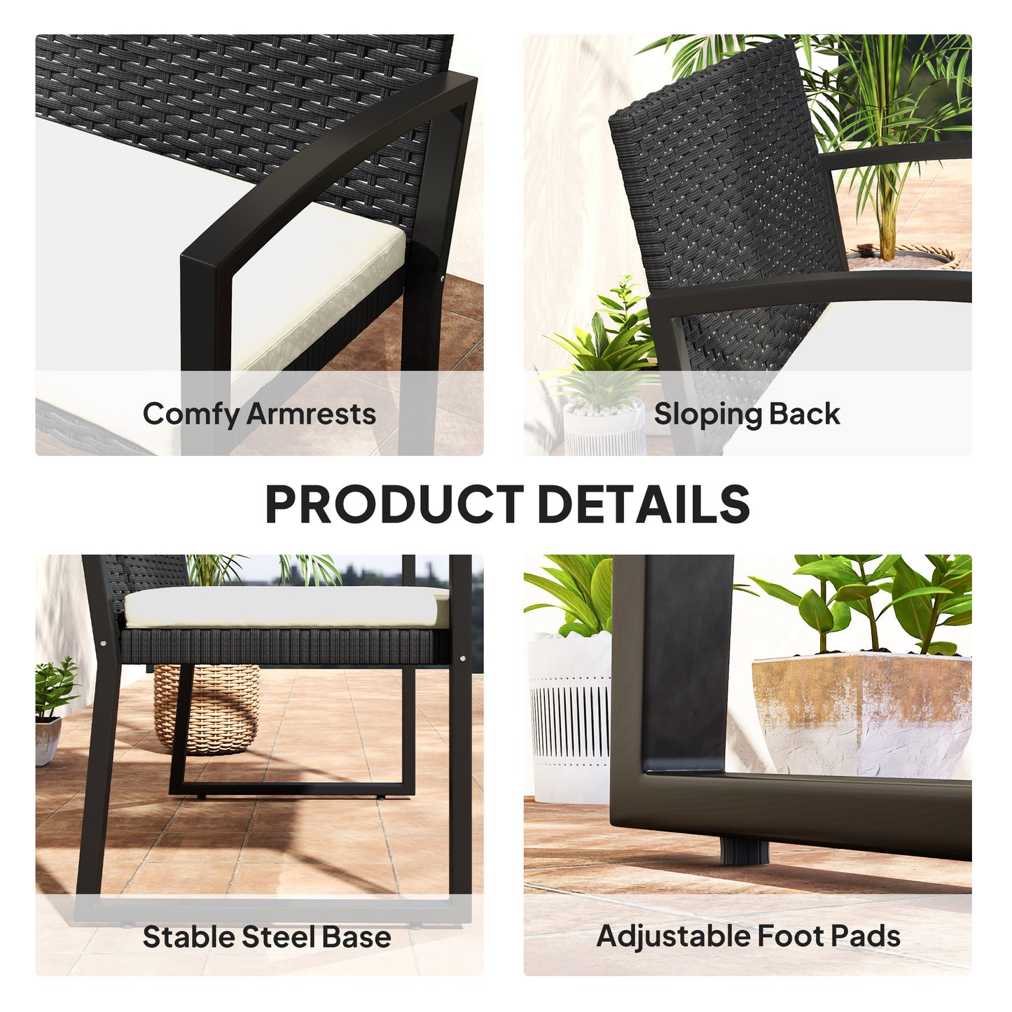 Outsunny Two Seater Rattan Garden Bench Beige Cushioned Seat With Powder Coated Steel Frame