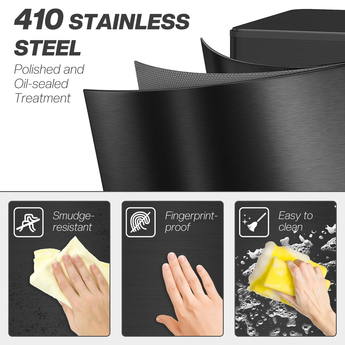 Black 410 stainless steel pedal bin with surface finish and care icons shown.