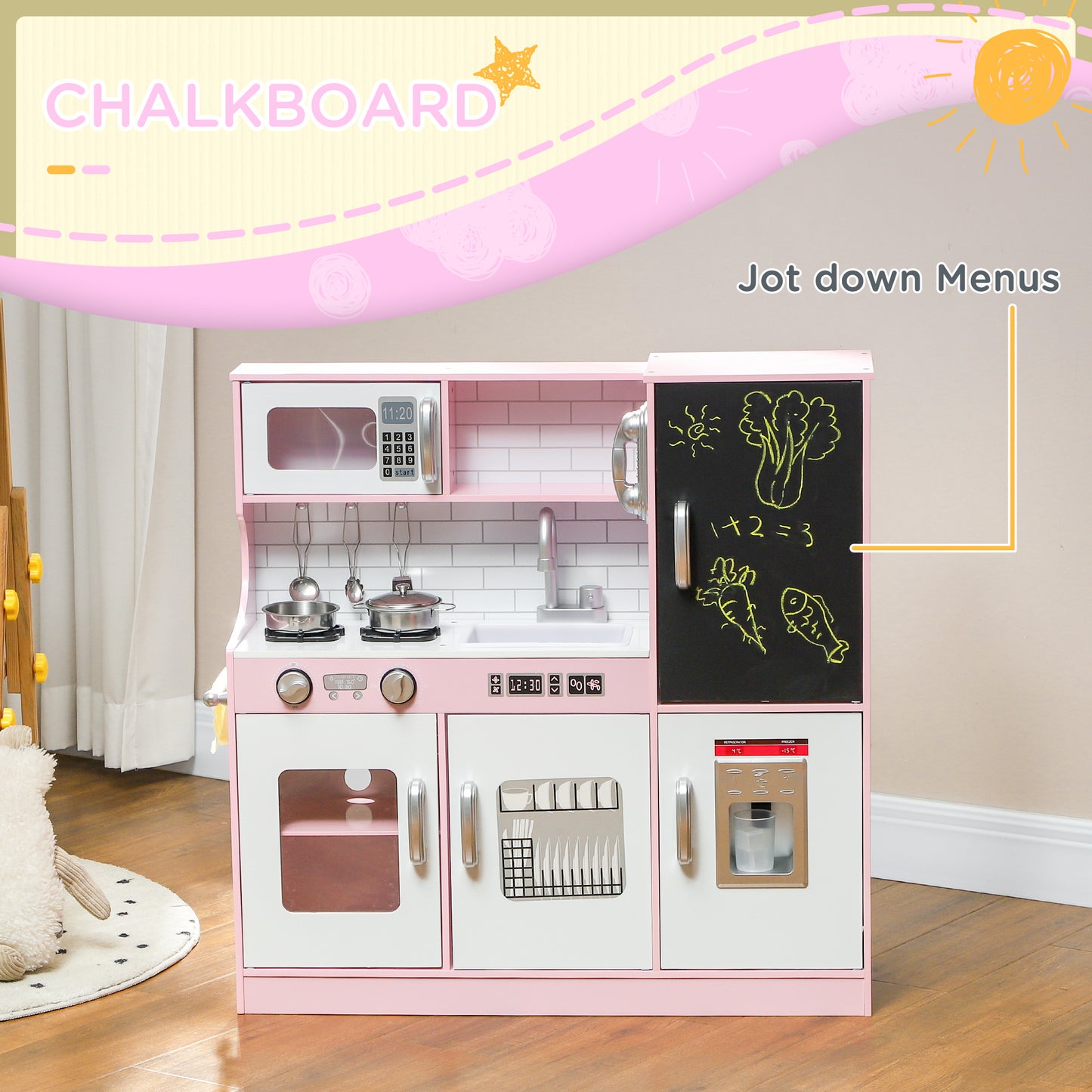 AIYAPLAY Deluxe Pretend Play Kitchen Set for Kids with Accessories - Toy Phone, Chalkboard, Microwave, Stove & Sink