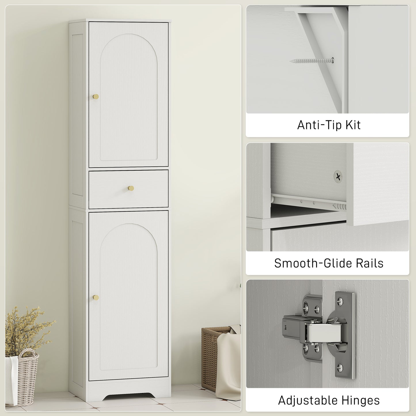 HOMCOM Tall Bathroom Cabinet With Arched Doors White Slim Storage With Two Cupboards And Middle Drawer