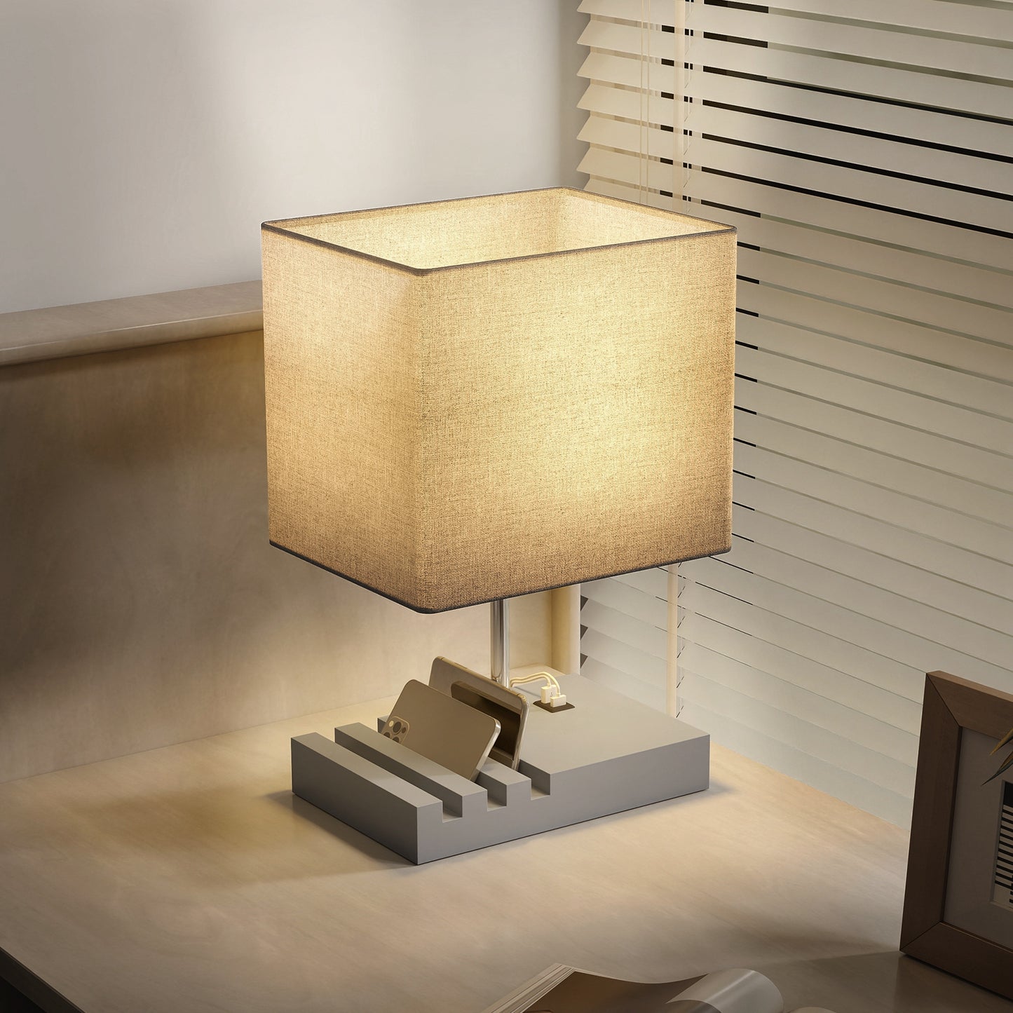 HOMCOM Bedside Lamp With USB A And USB C Ports Three Phone Stands E27 Socket Solid Wood Base Fabric Shade Grey