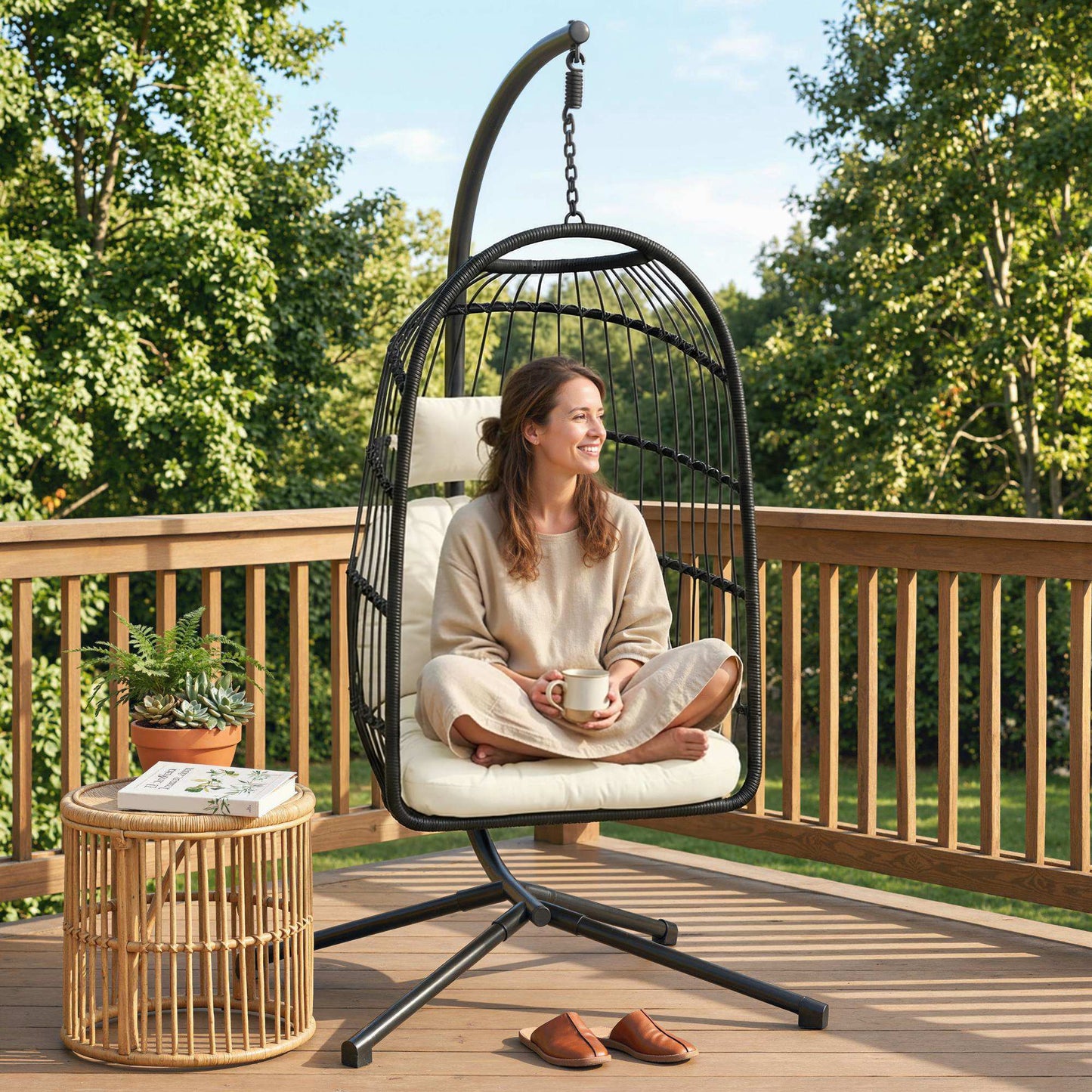 Outsunny Hanging Egg Chair With Stand For Indoor Outdoor Use Height Adjustable Cushioned Back Black Cream White