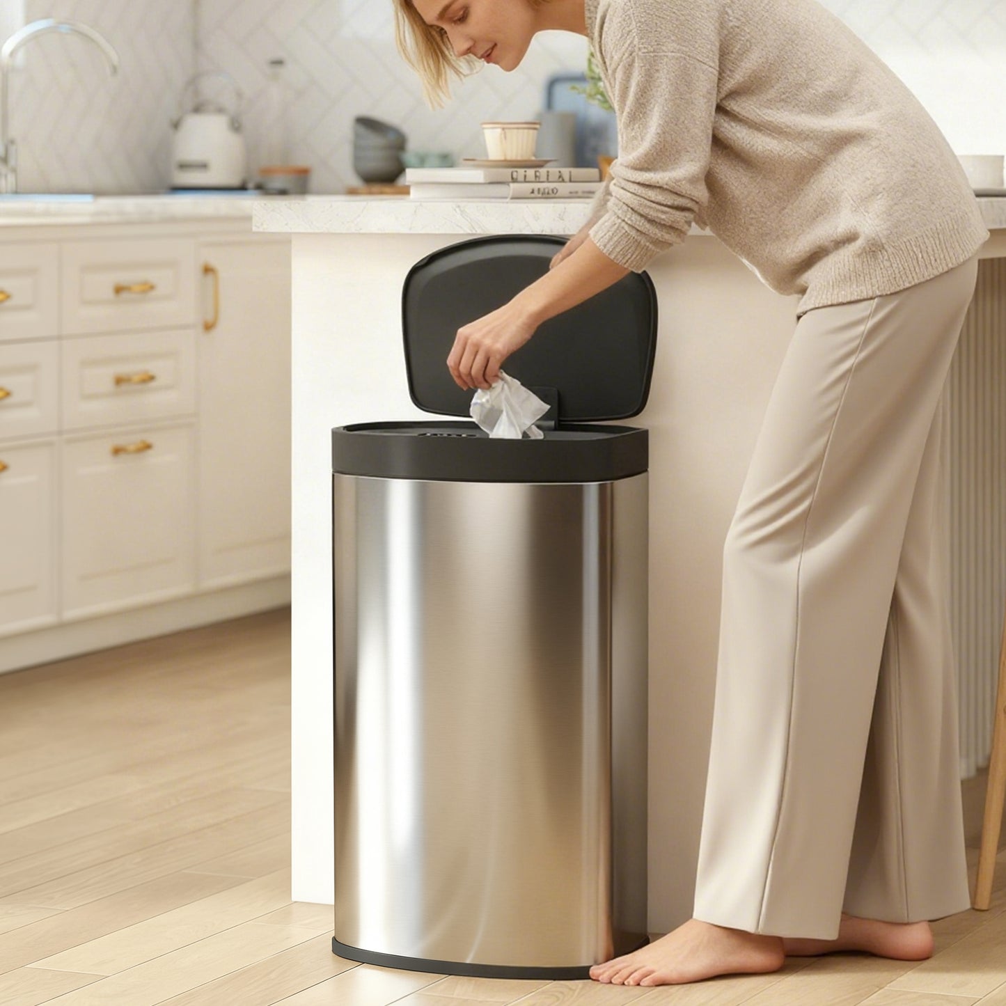 HOMCOM 55L Sensor Trash Can With Soft Close Lid Touchless Motion Stainless Steel Silver