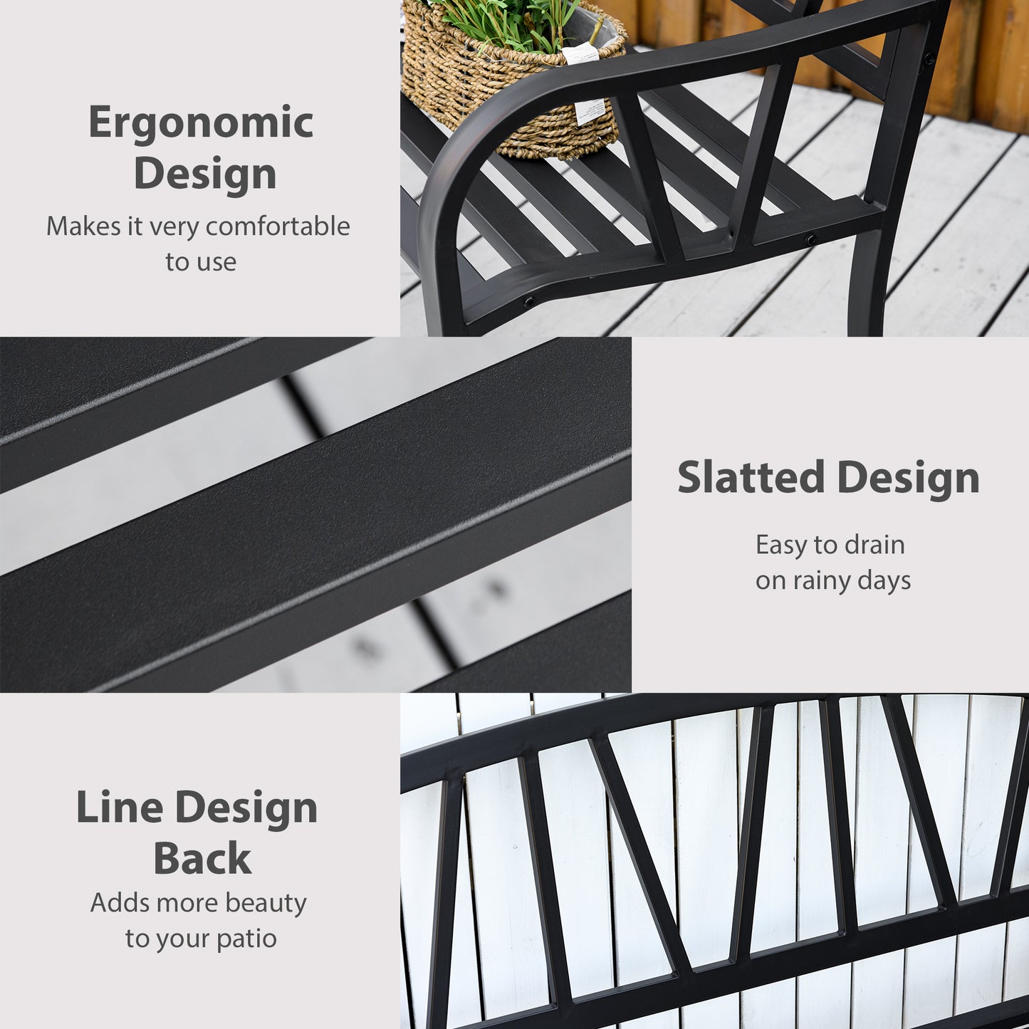 Outsunny 2 Seater Garden Bench With Cushion Black Metal Loveseat Slatted Outdoor Park Chair Backrest And Armrests
