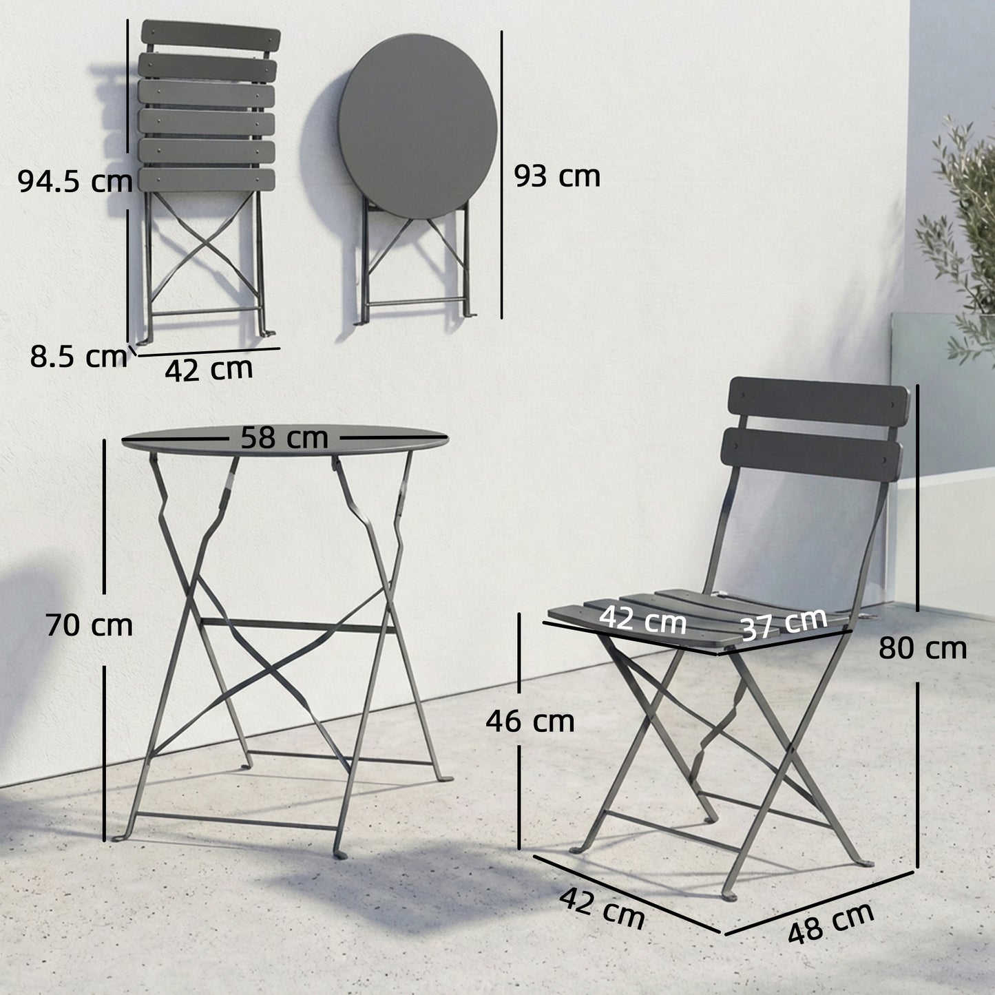 Outsunny Folding Garden Bistro Set For 2 With Round Table And Chairs Electrophoresis Metal Frame Grey