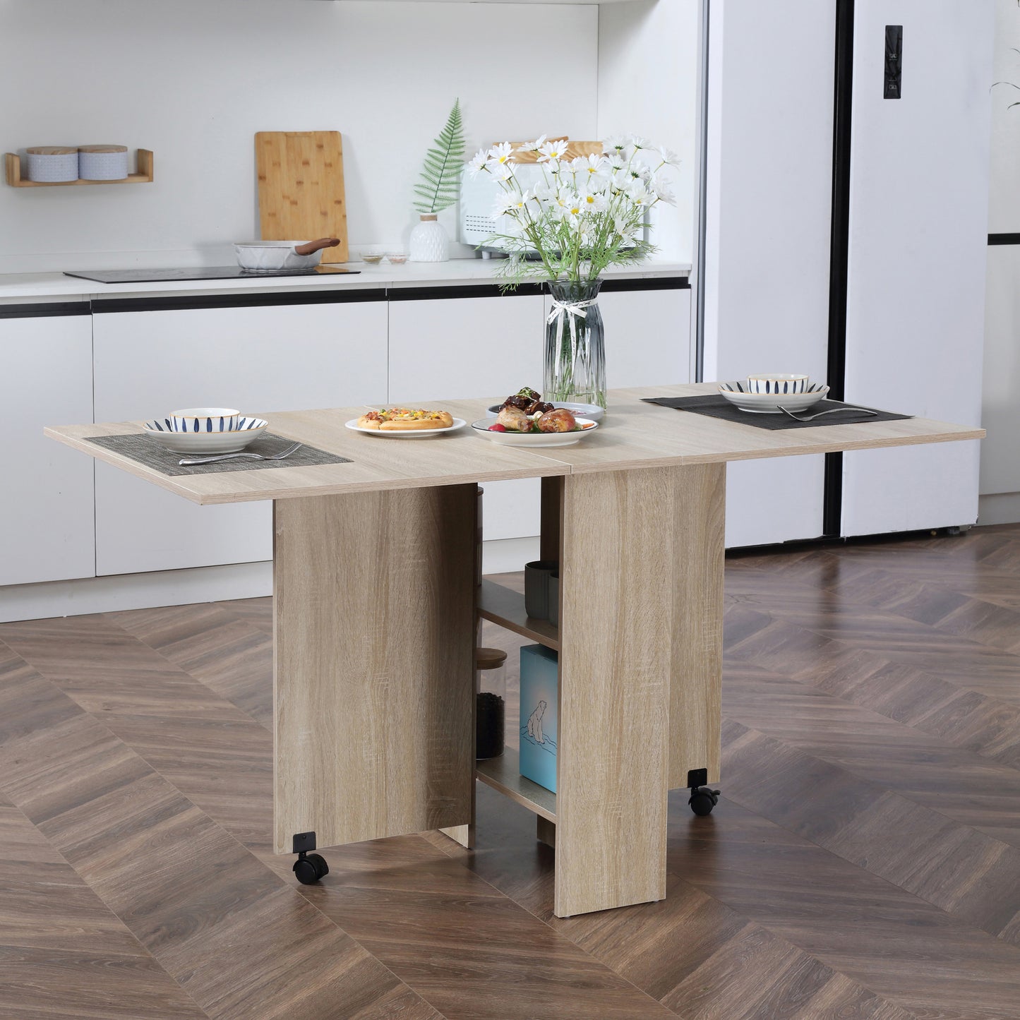 HOMCOM Mobile Drop Leaf Dining Table with Storage Shelves and Wheels - Ideal for Small Spaces - ALL4U RETAILER LTD