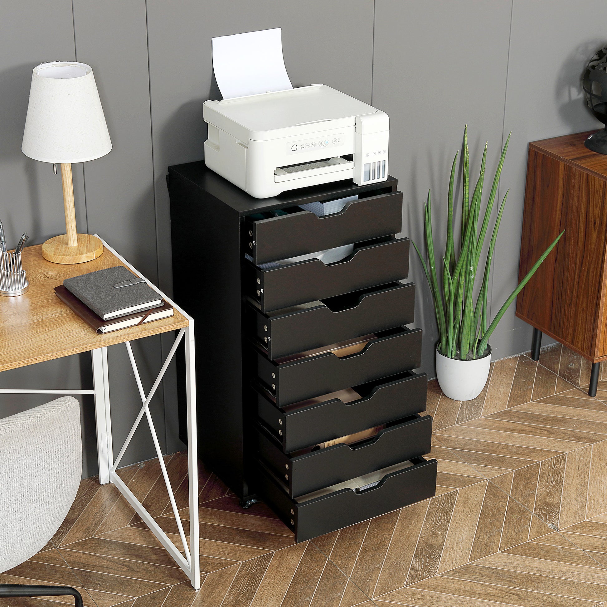 Compact 7-Drawer Mobile Filing Cabinet with Wheels for Home Office - Black - ALL4U RETAILER LTD